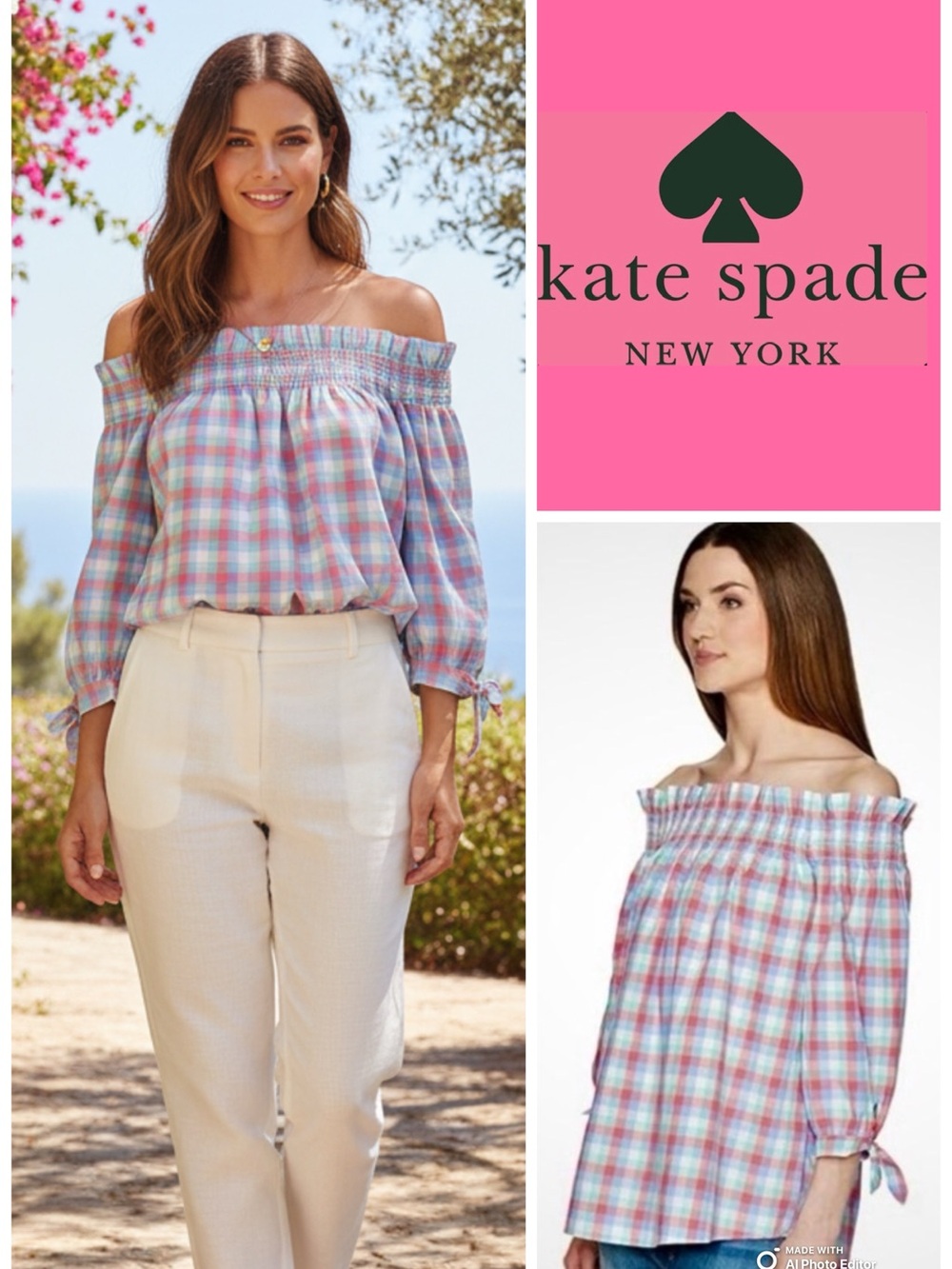 ♠️ Kate Spade Pastel Plaid Off-Shoulder Top in Blue Pink